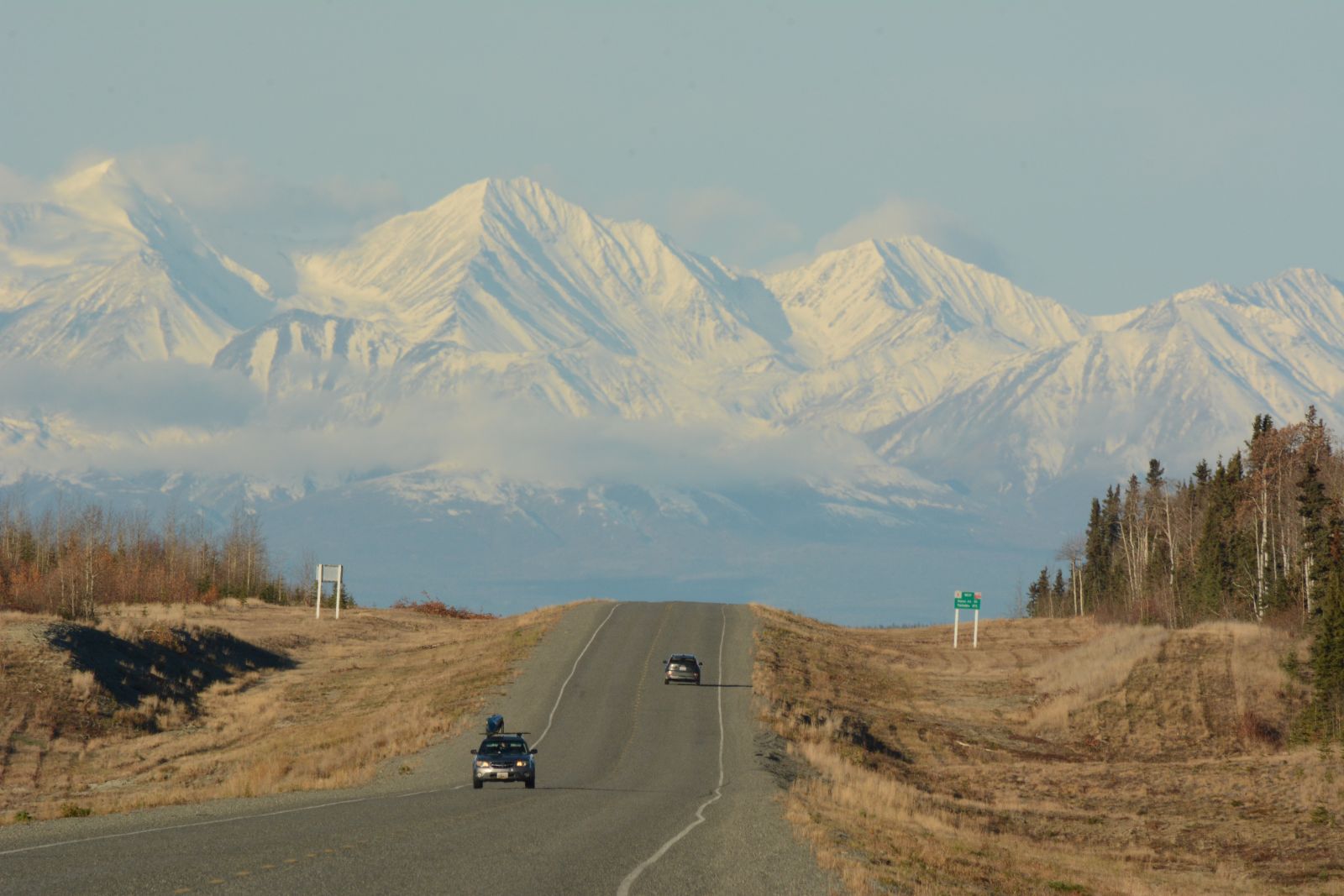 The mountains of Kluane National Park are visible from Haines Junction