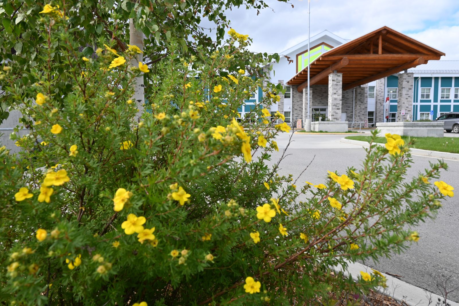 An exterior view of Whistle Bend Place in the summer in Whitehorse