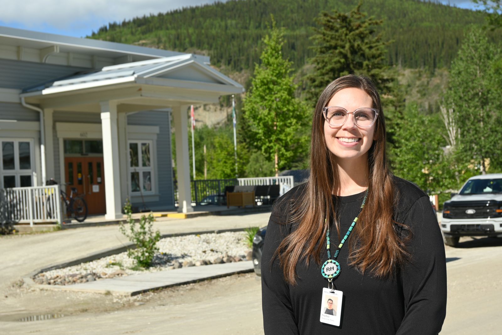 A nurse is shown outside Alexander McDonald Lodge in Dawson City