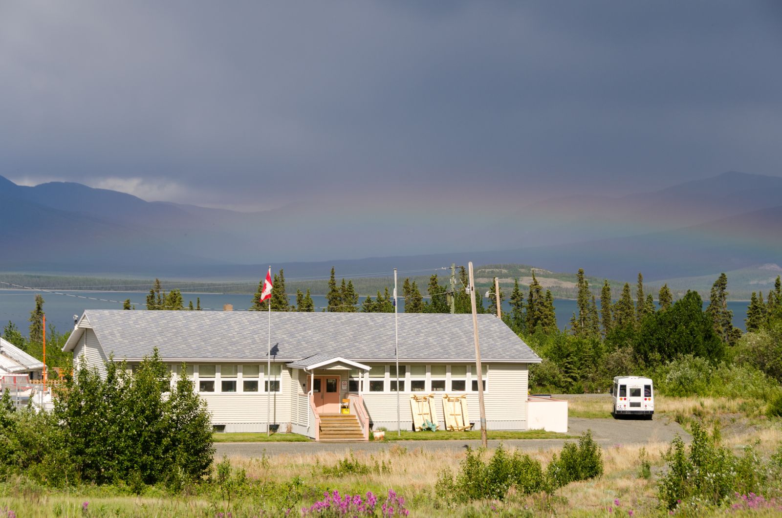 A rainbow over Kluane School in Destruction Bay.
