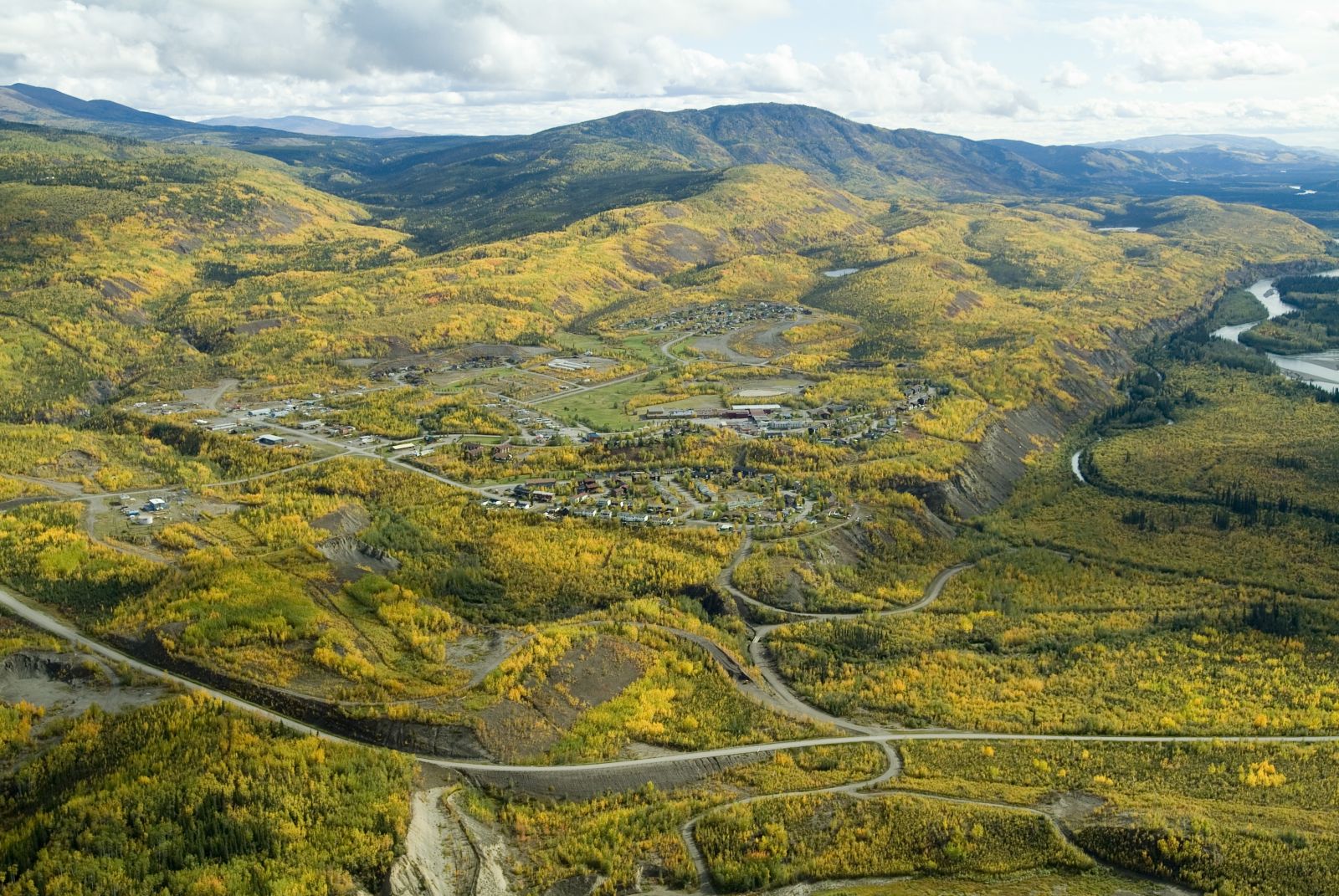 An aerial view of the community, which is beside the Pelly River.