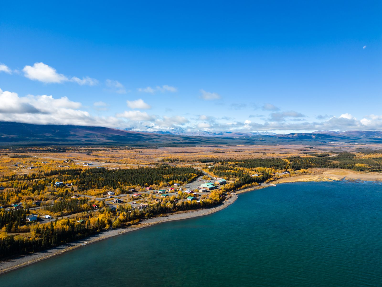 An aerial view of the community of Burwash Landing.