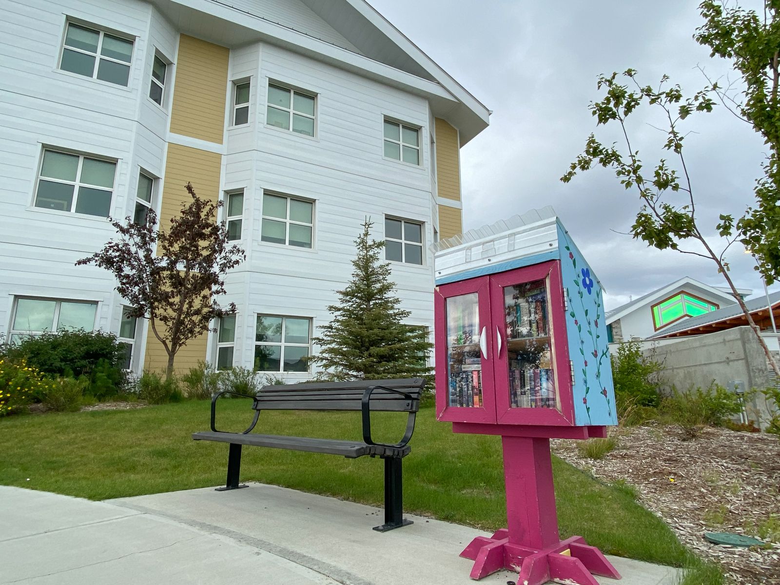 A walking path besides Whistle Bend Place features a tiny library