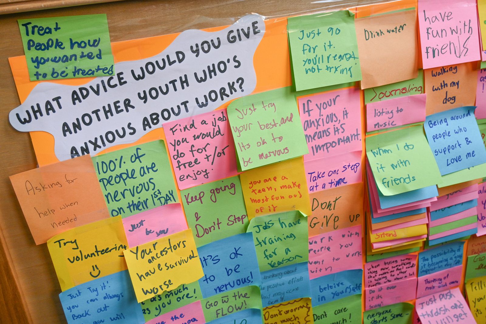 Youth are encouraged to leave advice for each other. "What advice would you give another youth who's anxious about work?"