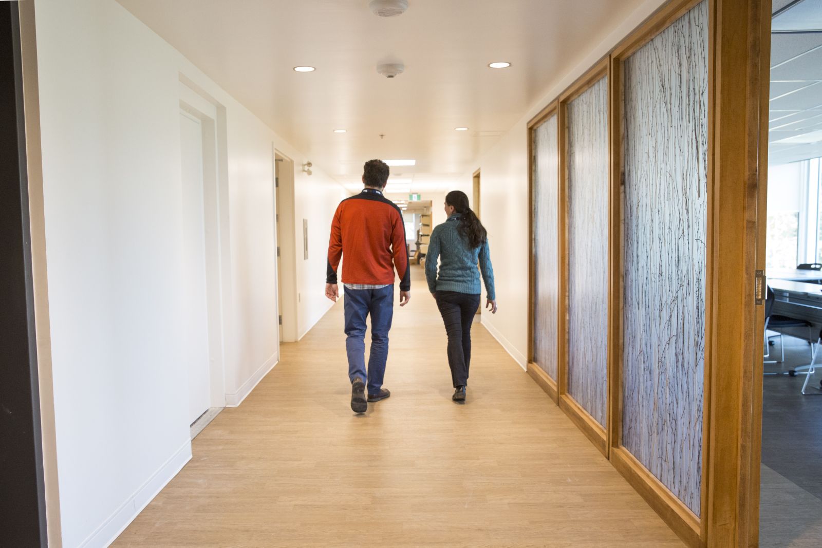 Professionals are shown walking the hallways in the Sarah Steele building