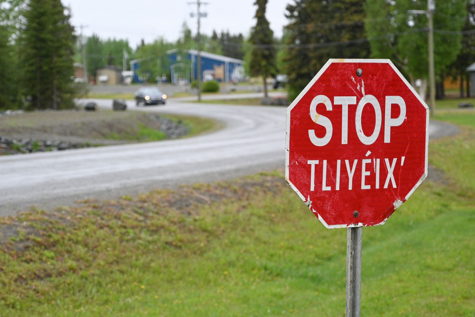 Stop signs in Teslin feature the Indigenous language of Tlingit (Lingít).