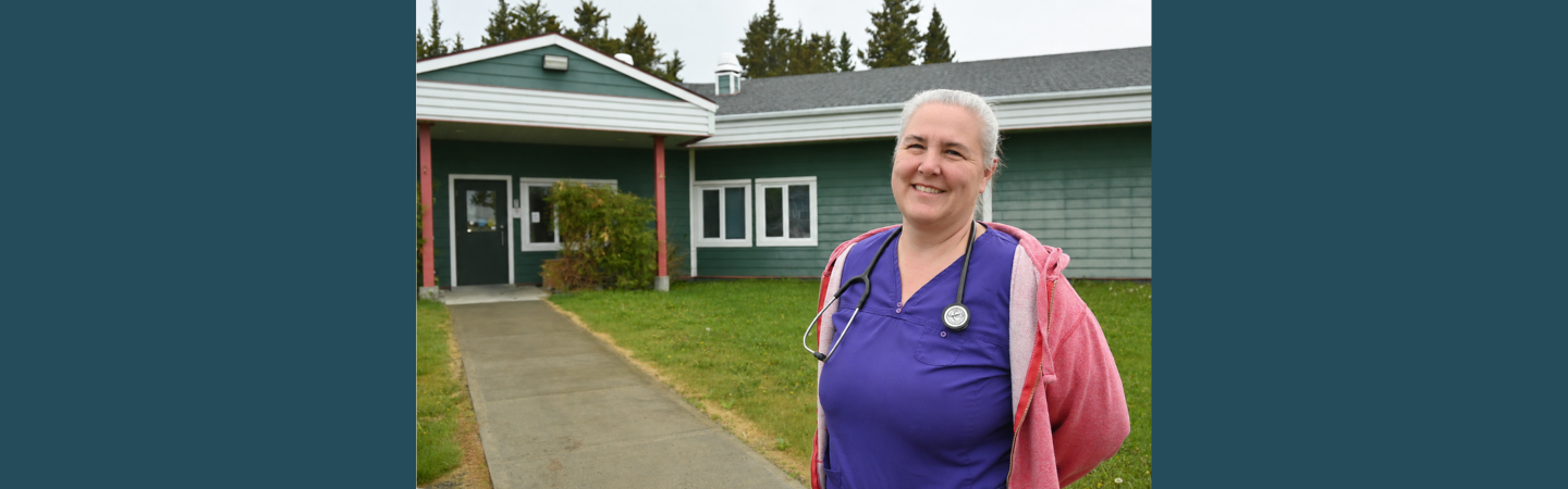 A primary health care nurses stands outside the health centre in Teslin, Yukon